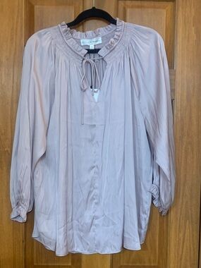 Chelsea & Theodore Peasant Blouse Coquette Smocked Tie Neck